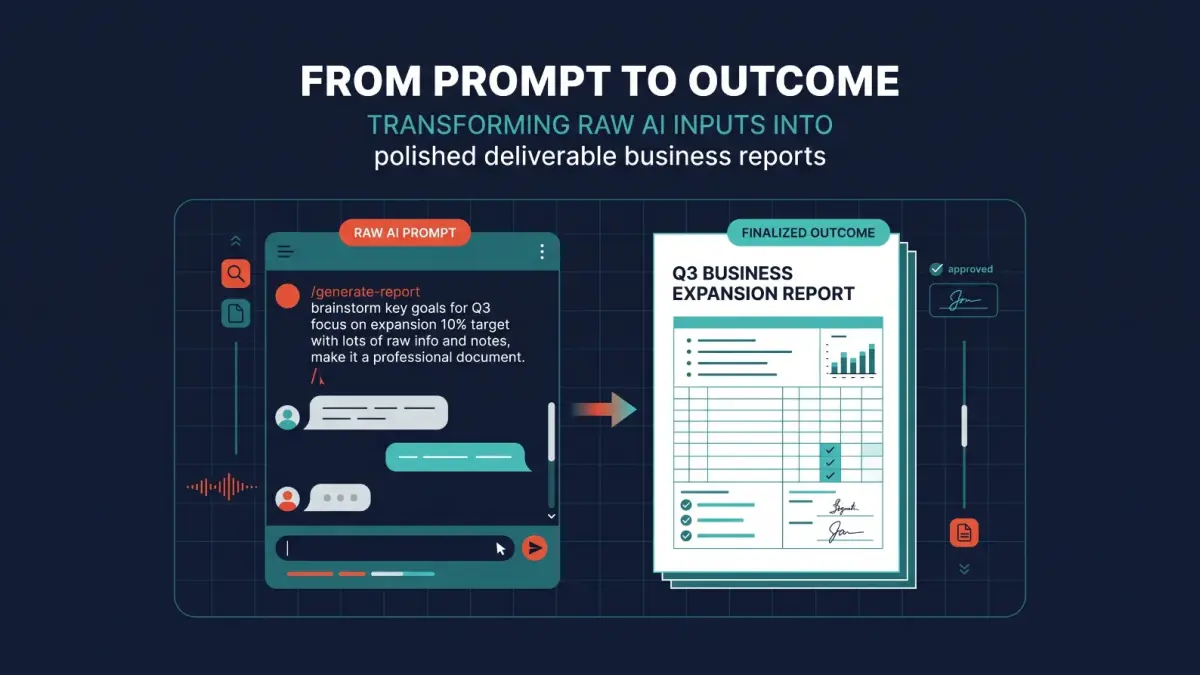 Comparison between raw AI prompts and a finished deliverable outcome