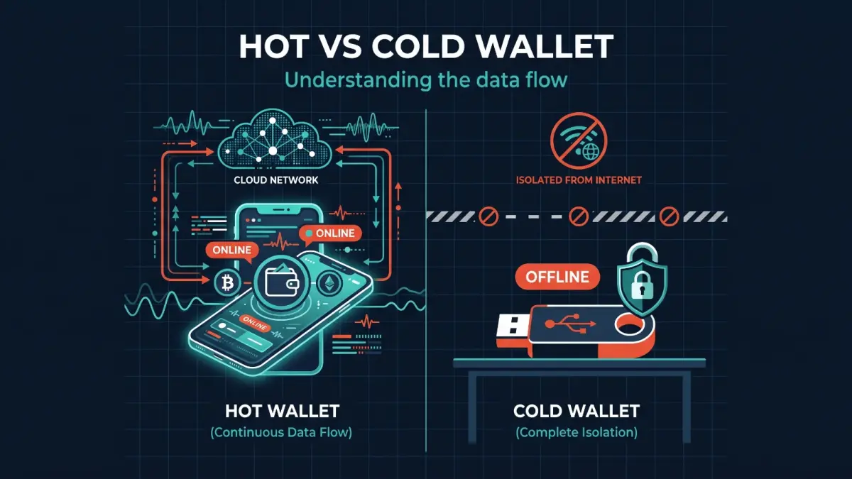 Diagram explaining how internet connection separates hot and cold crypto wallets