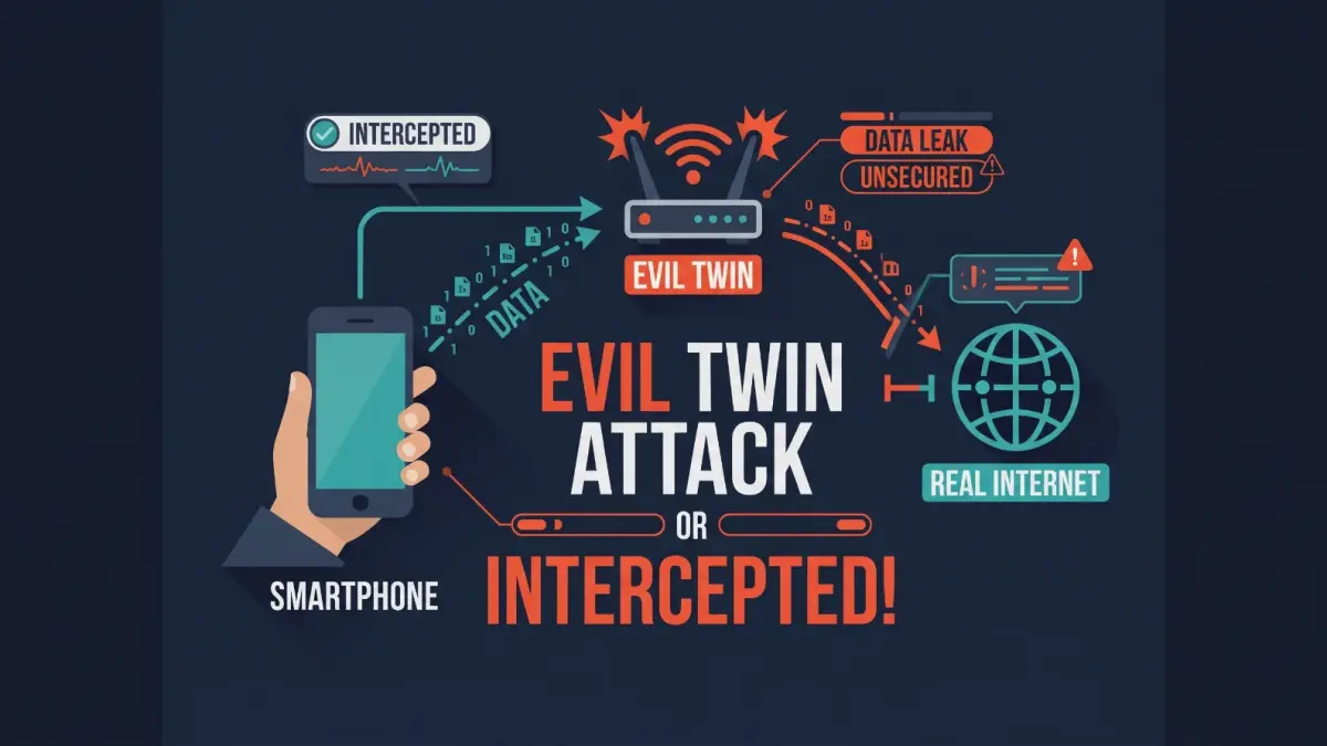 Diagram explaining an evil twin attack on a public network