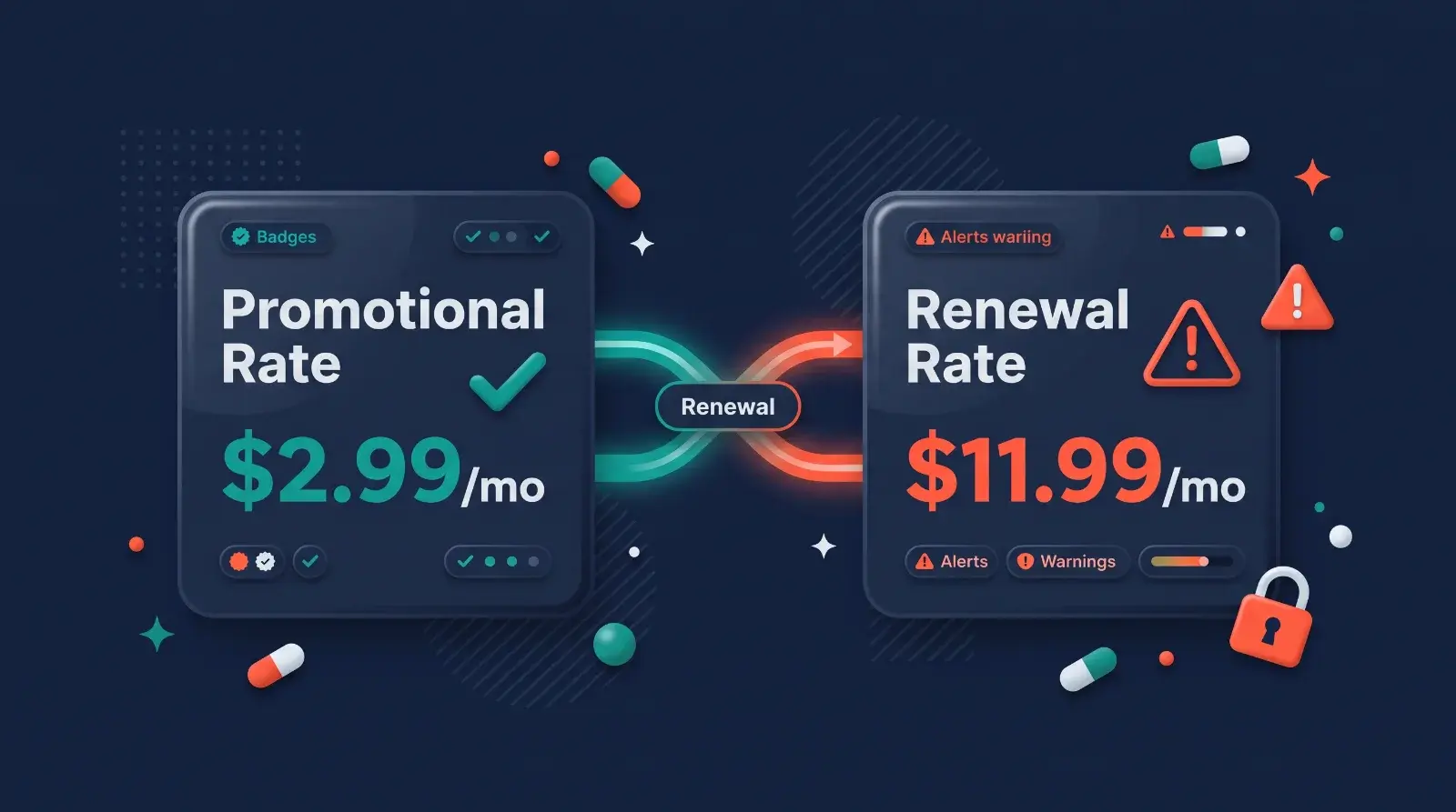 Diagram explaining the difference between introductory rates and renewal pricing for VPN services