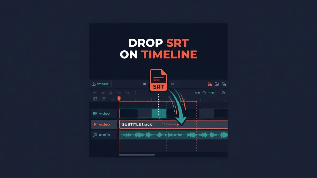 Video editor timeline showing an SRT subtitle file added to the video track