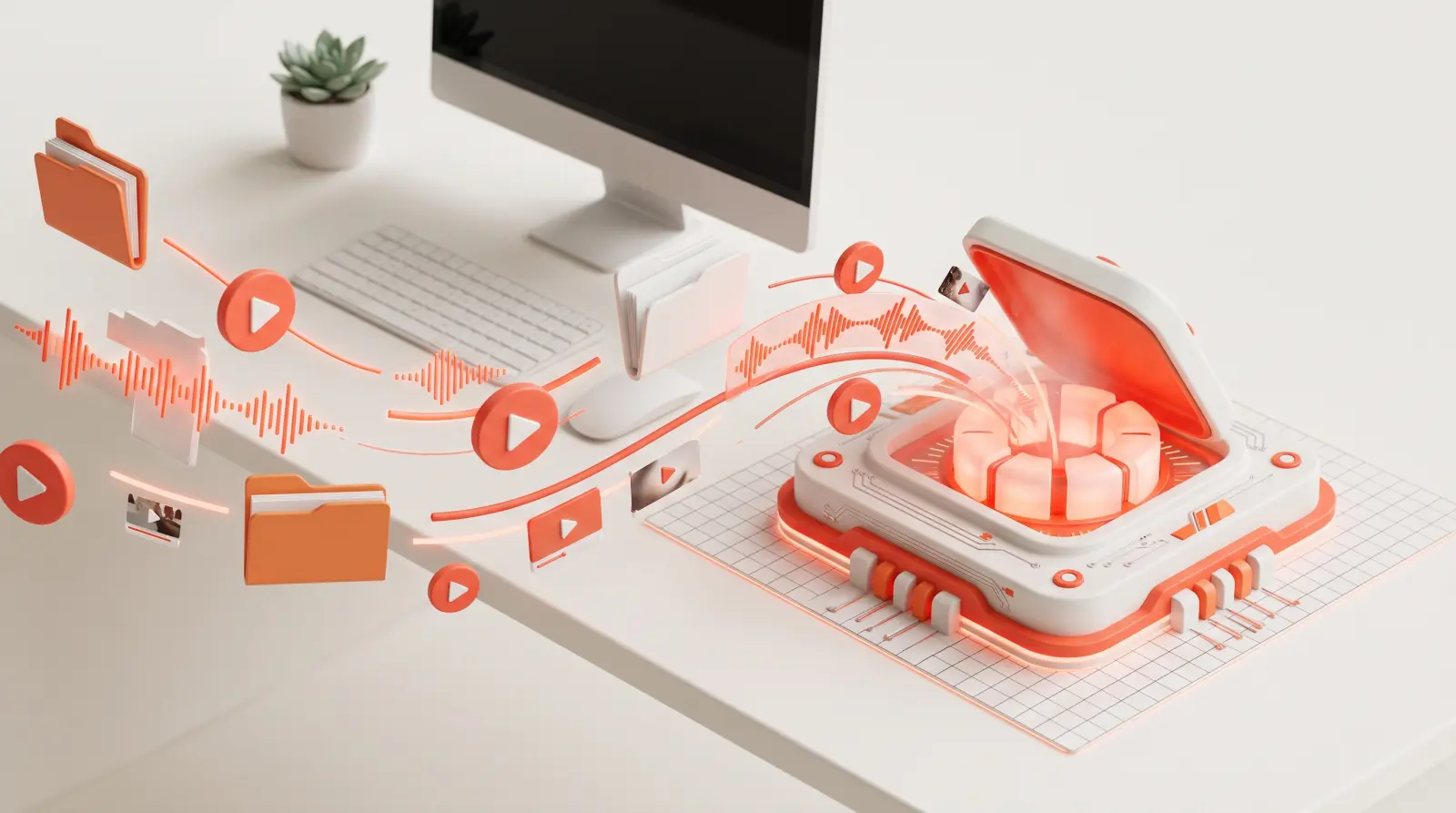 Isometric workspace showing audio and video files floating into a futuristic processor with orange accents.