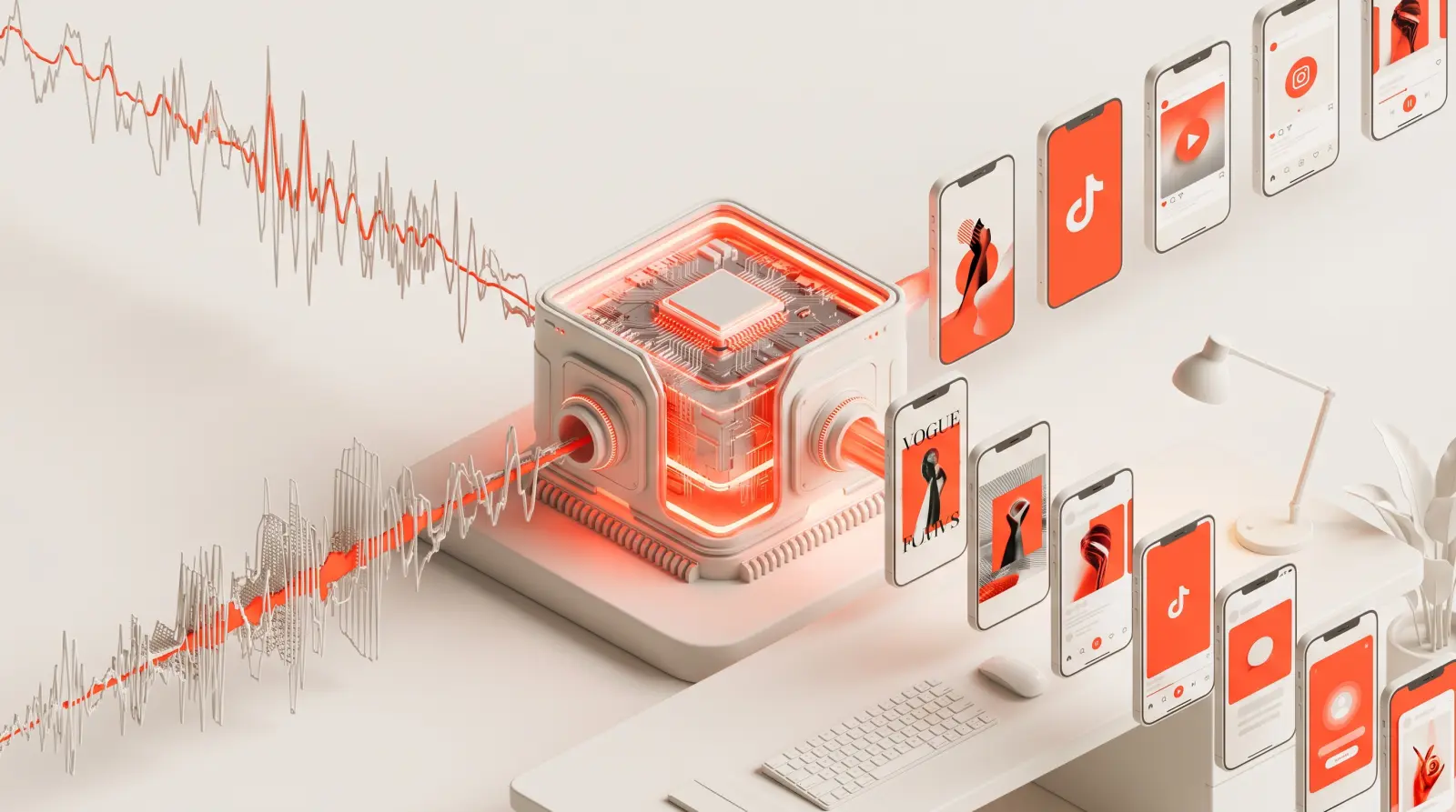 Isometric workspace showing audio waves converted into vertical social media videos by a glowing processor.