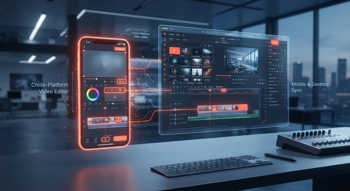 Abstract UI comparison between mobile and desktop video editing interfaces