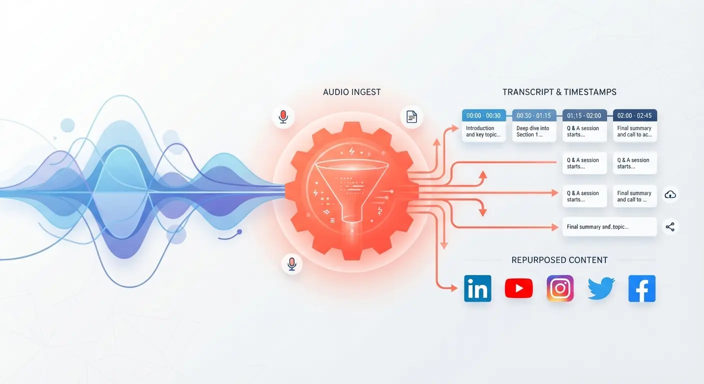 Diagram showing audio files breaking down into timestamps and social media assets