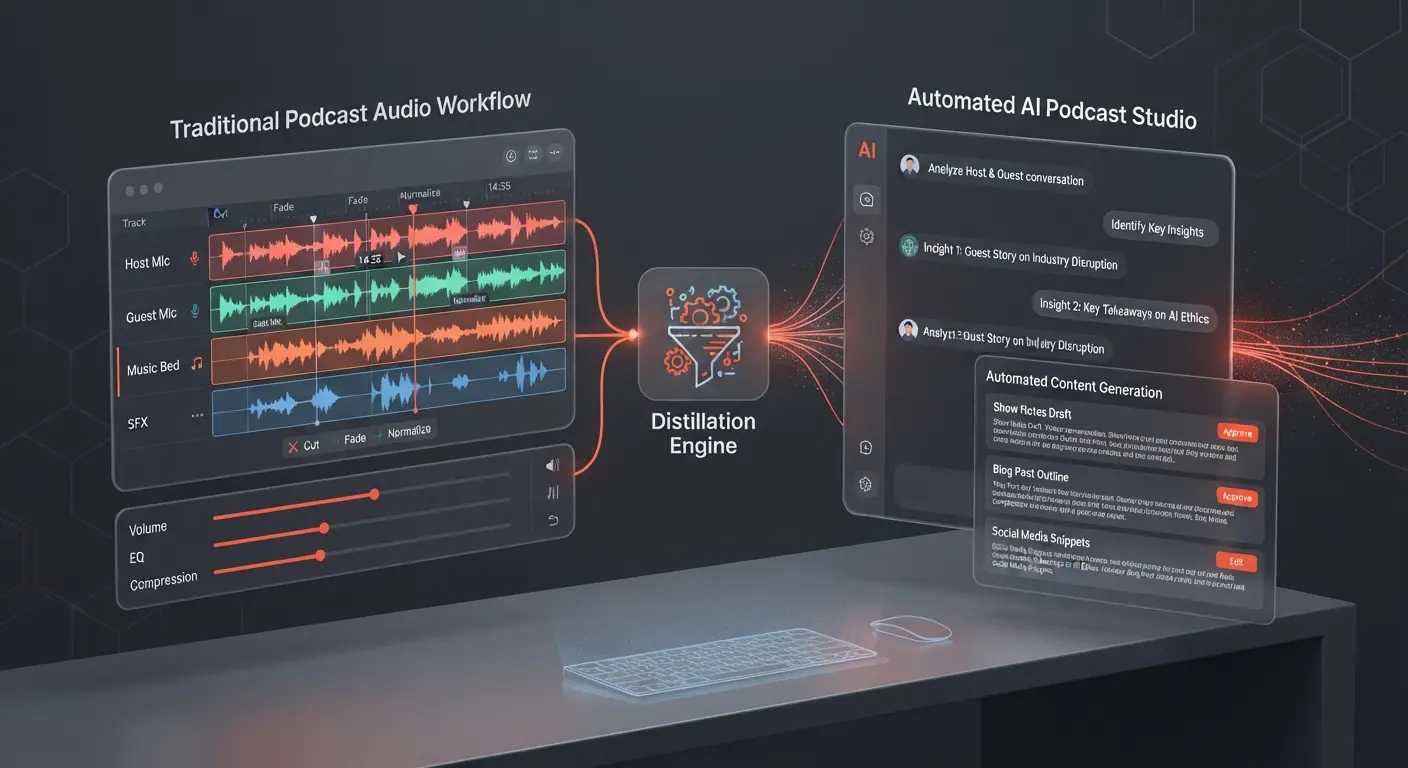 Abstract UI comparison between audio editing timelines and AI chat interfaces
