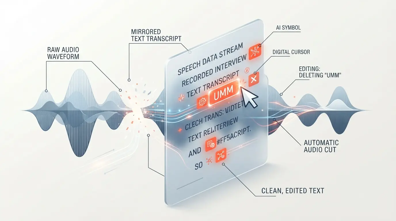 Sleek flat design abstract composition showing audio waveforms mirroring and transitioning into accurate text documents glowing with AI symbols