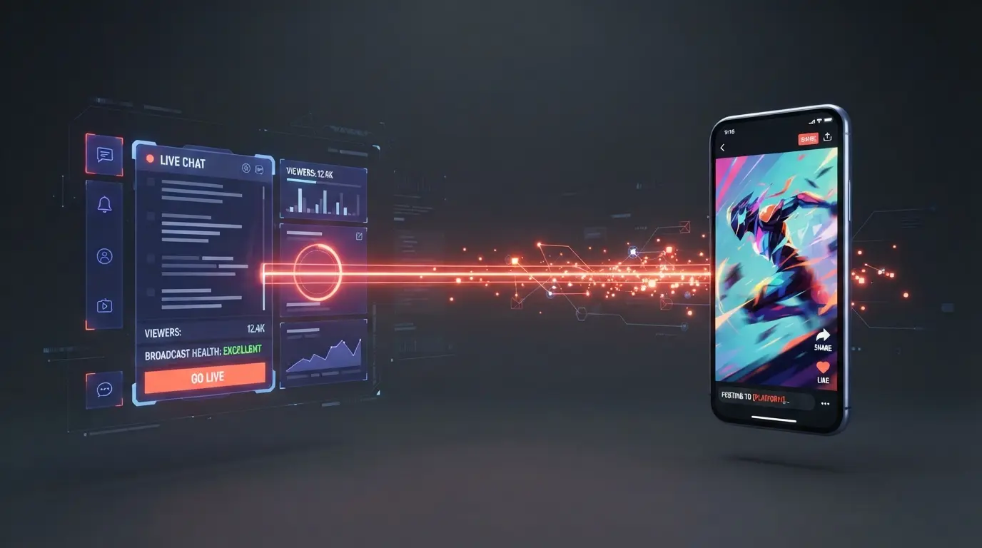 Floating abstract UI panels showing a seamless automated data pipeline connecting a live streaming interface directly to a mobile social media feed