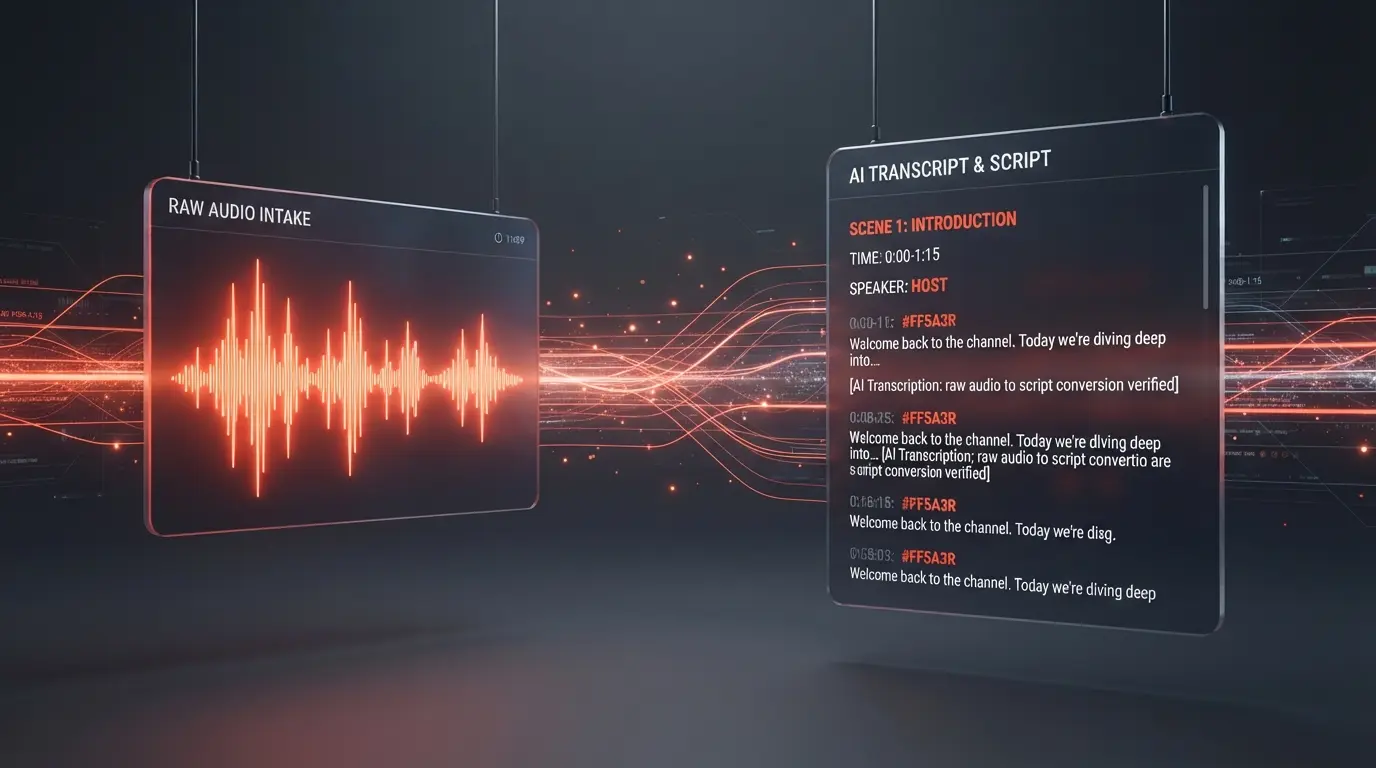 Floating abstract UI panels showing an audio waveform instantly converting into a formatted video script with AI nodes